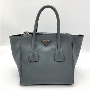 Auth Prada Glacé Twin Pocket Calfskin Leather Tote Bag Slate Blue Vtg Preloved